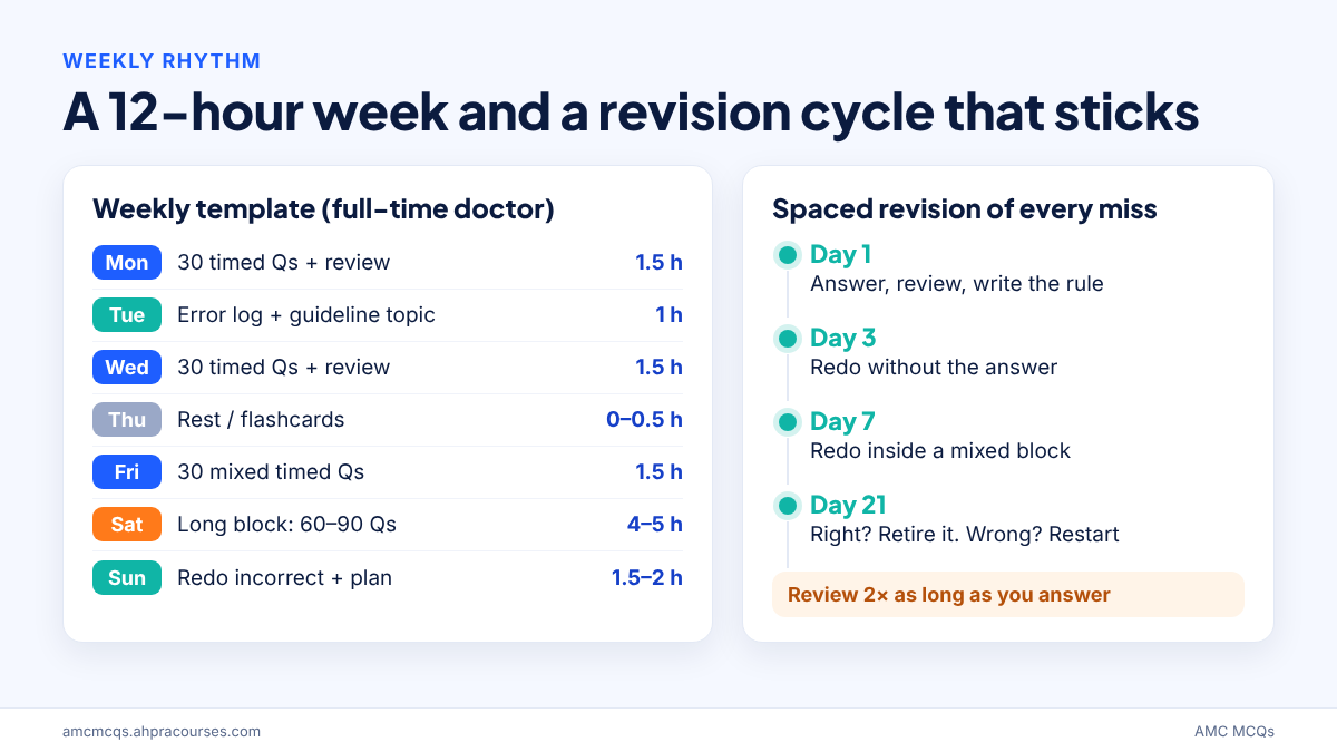 AMC MCQ study plan weekly template and spaced revision cycle at day 1, 3, 7 and 21